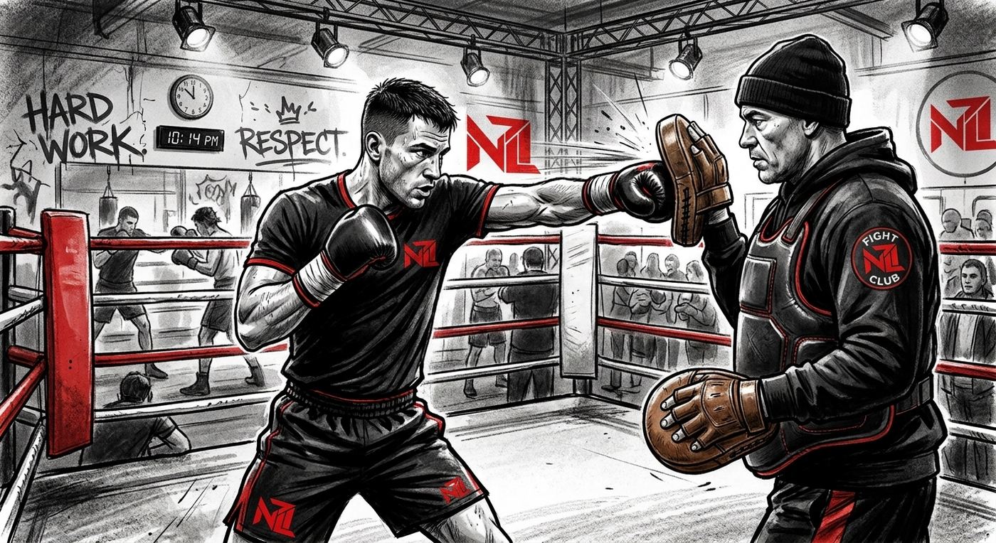 Coach training a boxer on the pads